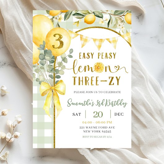 Lemon Gingham 3e verjaardagsuitnodiging Kaart