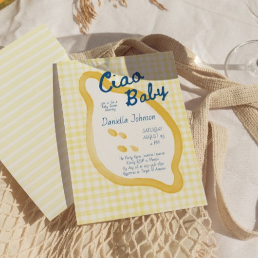 Lemon Gingham Ciao Baby Shower Kaart