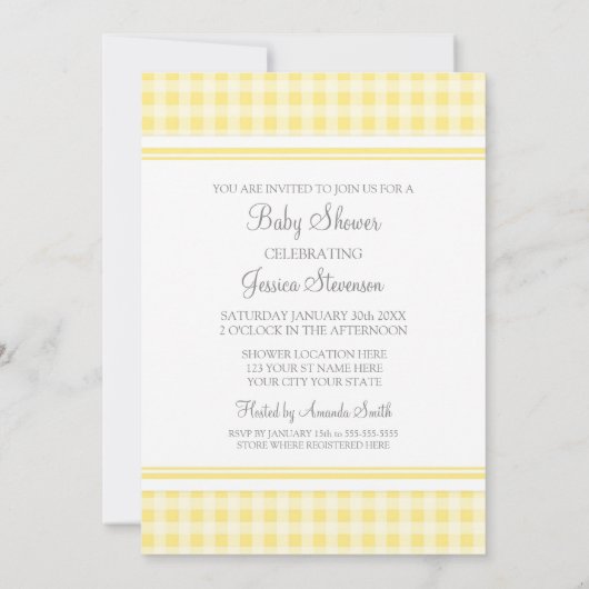 Lemon Gingham Custom Baby Shower-uitnodigingen Kaart (Achterkant)