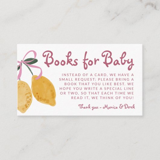 Lemon Girls Boeken voor Baby shower Baby Library Informatiekaartje (Voorkant)