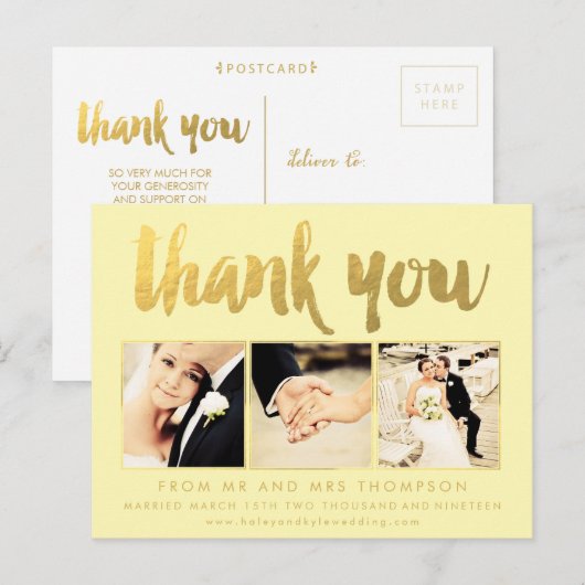 Lemon Gold Folie Bedankt Script Typografie Foto Briefkaart (Voorkant / Achterkant)