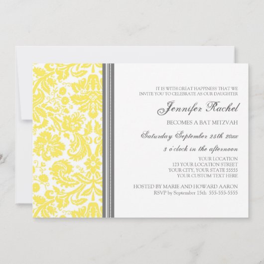 Lemon Gray Damask Bat Mitzvah Invitaties Kaart (Achterkant)
