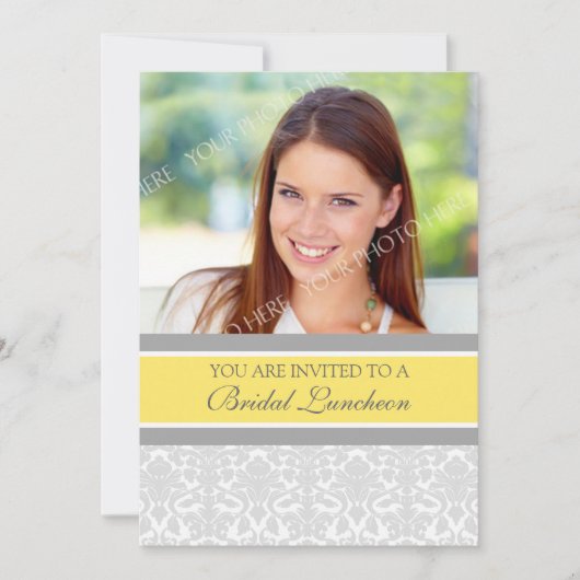 Lemon Gray Damask Foto Bridal Luncheon Uitnodiging (Voorkant)