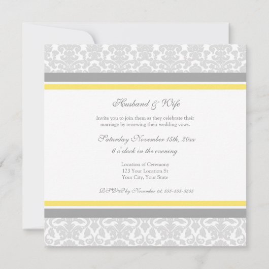 Lemon Gray Damask Wedding Vow Renewal Uitnodiginge Kaart (Achterkant)