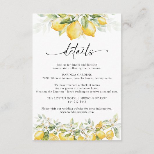 Lemon Green Citrus Wedding Details Kaart (Voorkant)