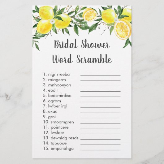 Lemon Greenery Gold Bridal Word Scramble Game (Voorkant)