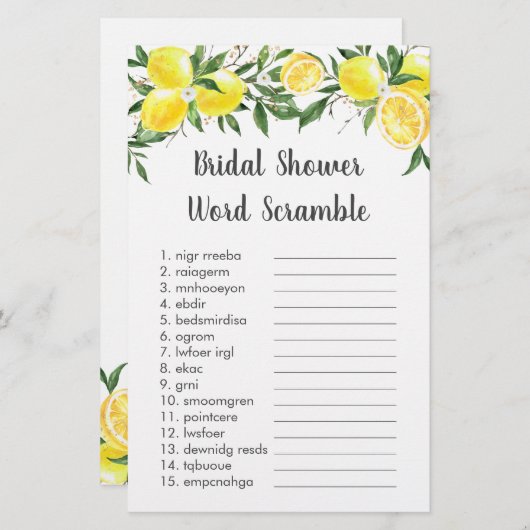 Lemon Greenery Gold Bridal Word Scramble Game (Voorkant / Achterkant)