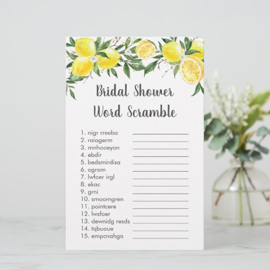 Lemon Greenery Gold Bridal Word Scramble Game (Staand voorkant)