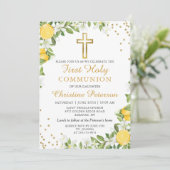 Lemon Greenery Gold Glitter First Heilige Communie Kaart (Staand voorkant)