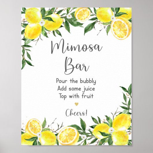 Lemon Greenery Gold Vrijgezellenfeest Mimosa Bar Poster (Voorkant)