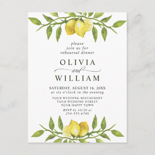 Lemon Greenery REHEARSAL DINNER Invitation Briefkaart (Voorkant)