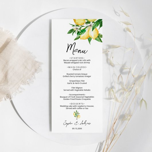Lemon Greenery Wedding Menu