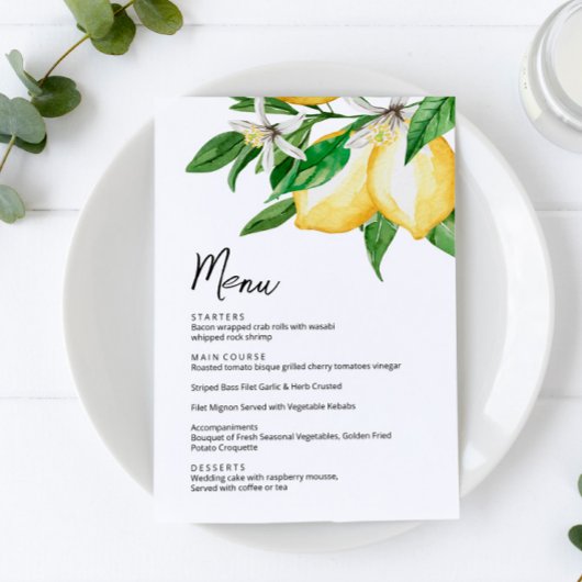 Lemon Greenery Wedding Menu Kaart