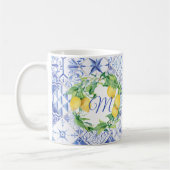 Lemon Greenery Wreath White Floral Blue Monogram Koffiemok (Links)