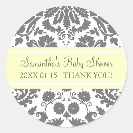Lemon Grey Damask Baby shower Favor Stickers (Voorkant)