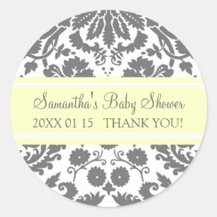 Lemon Grey Damask Baby shower Favor Stickers