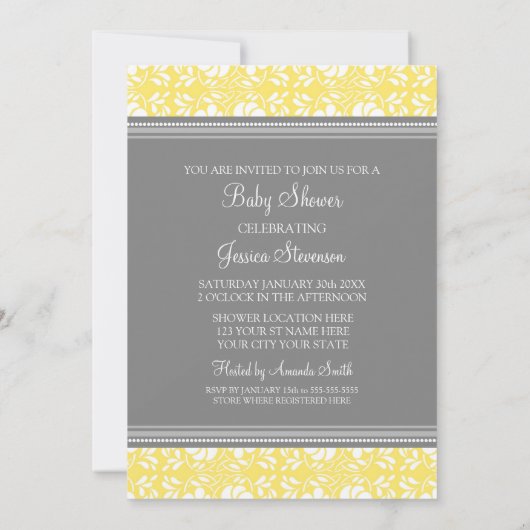 Lemon Grey Damask Custom Baby Shower-uitnodigingen Kaart (Achterkant)