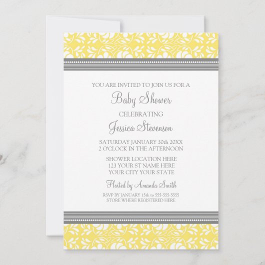 Lemon Grey Damask Custom Baby Shower-uitnodigingen Kaart (Achterkant)