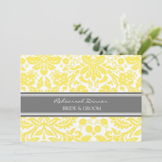Lemon Grey Damask Rehearsal Dinner Party Kaart (Staand voorkant)