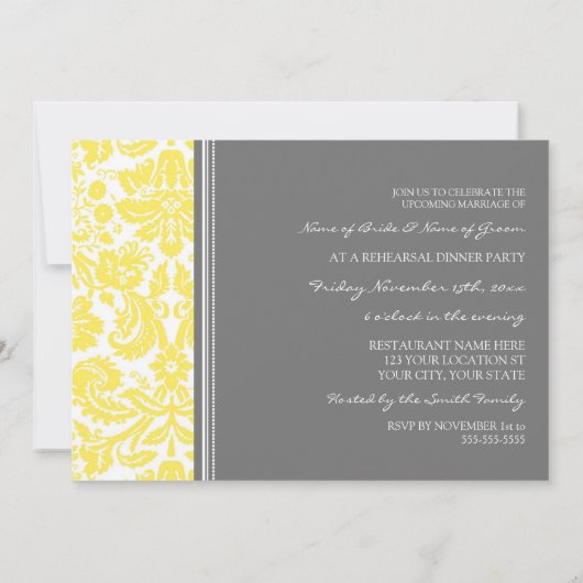 Lemon Grey Damask Rehearsal Dinner Party Kaart (Achterkant)