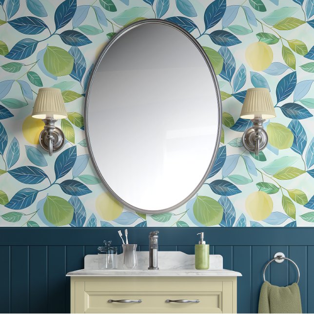 Lemon Grove Bliss - blauw, groen, geel - biologisc Behang (Lemon Grove Peel and Stick Wallpaper)