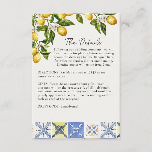 Lemon Grove Italiaans platteland bruiloft details Informatiekaartje (Voorkant)