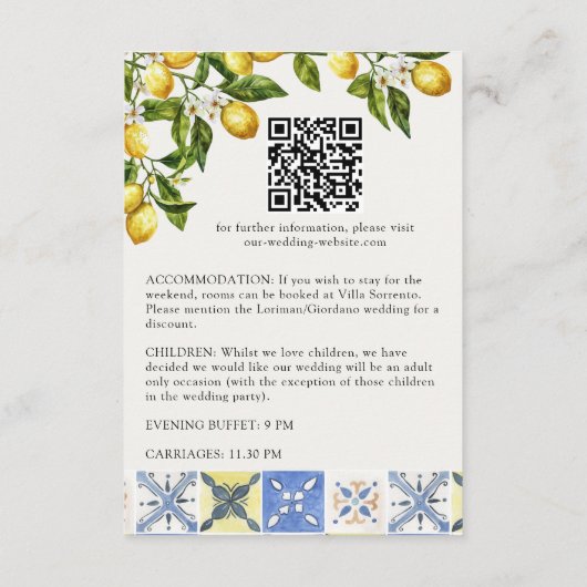 Lemon Grove Italiaans platteland bruiloft details Informatiekaartje (Achterkant)
