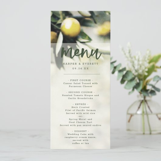 Lemon Grove | Modern Geel & Groen Zomerdiner Menu (Staand voorkant)