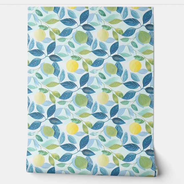 Lemon Grove Petite - Blauw, Groen, Geel - Biologis Behang (Afrollen)