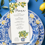 Lemon Grove Rustiek Italiaans Thema Bruiloft Menu<br><div class="desc">Lemon Grove huwelijksmenu met volledig bewerkbare menu-items. Design beschikt over een citroenboom, blauwe en gele mediterrane tegels en een tak van citroenen met groen en bloesembloemen. Perfect voor een citroen bruiloft thema, Italiaans geïnspireerde bruiloft, rustieke mediterrane villa esthetische, blauwe en gele bruiloft kleuren of een buiten bruiloft op elk moment...</div>