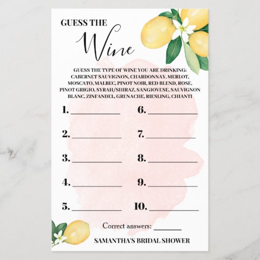 Lemon Guess the Wine Pink Vrijgezellenfeest Game K Flyer (Voorkant)