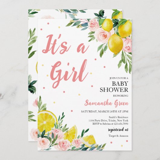 Lemon Het is een meisje Baby shower Kaart (Voorkant / Achterkant)