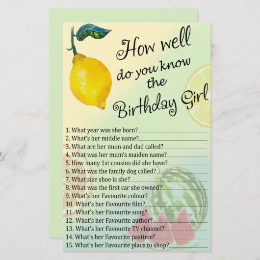 Lemon Hoe goed ken je het verjaardagsmeisje? (Voorkant / Achterkant)