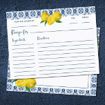 Lemon Italiaans blauw Tegel Vrijgezellenfeest Reci Briefkaart<br><div class="desc">Een  Italiaanse blauwe tegel- en trouwrecept-kaart. Fun voor gasten om een recept in te vullen en naar het vrijgezellenfeest te brengen. Ontworpen voor jou door Blackberry Boulevard.</div>