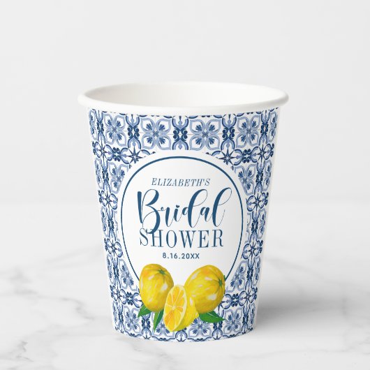 Lemon Italiaanse blauwe Tegel Weddenschap Hartelij Papieren Bekers (Voorkant)