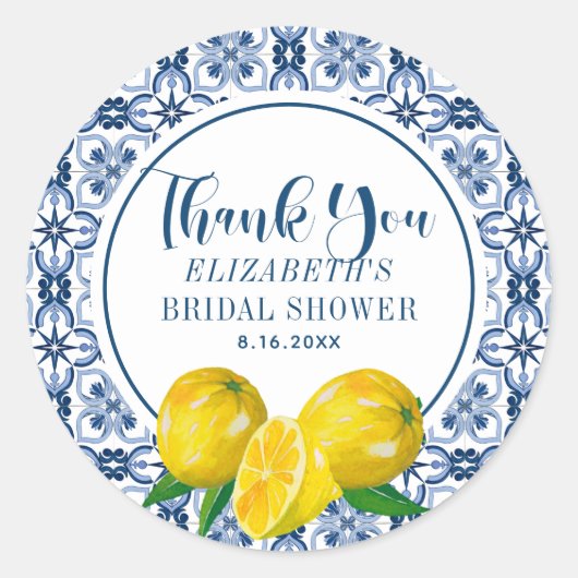 Lemon Italiaanse blauwe Tegel Wedding Hartelijk da Ronde Sticker (Voorkant)