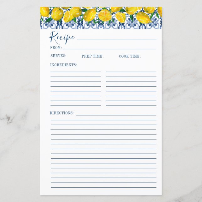 Lemon Italian Blue tile Bridal Shower Recipe Card (Voorkant)