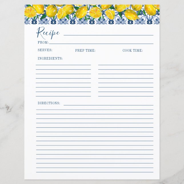 Lemon Italian Blue tile Bridal Shower Recipe Card  (Voorkant)