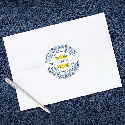 Lemon Italy Blue Tegel Wedding Return-adres Ronde Sticker