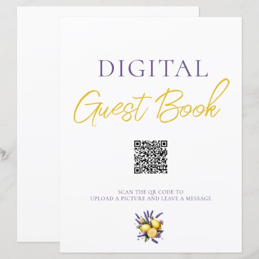 Lemon Lavender Digitaal Gastenboek QR Code Sign (Voorkant / Achterkant)