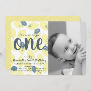 Lemon & Leaf Foto 1st Birthday Party Invitation Kaart