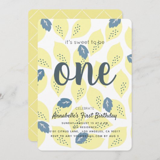 Lemon & Leaf Pattern 1st Birthday Party Uitnodigin Kaart (Voorkant / Achterkant)