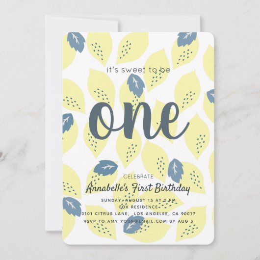 Lemon & Leaf Pattern 1st Birthday Party Uitnodigin Kaart (Voorkant)