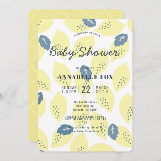 Lemon & Leaf Pattern Baby shower Invitation Kaart (Voorkant / Achterkant)