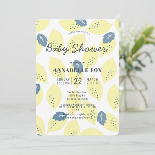 Lemon & Leaf Pattern Baby shower Invitation Kaart (Staand voorkant)