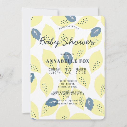 Lemon & Leaf Pattern Baby shower Invitation Kaart (Voorkant)