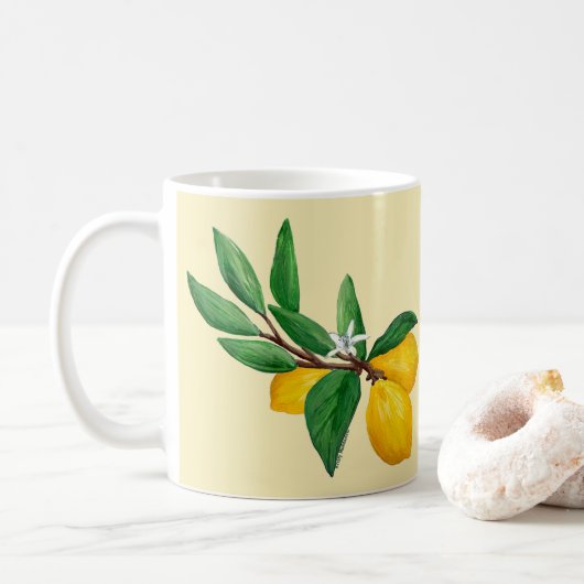Lemon Leaf Watercolor Design | Citrus Yellow Koffiemok (Met donut)