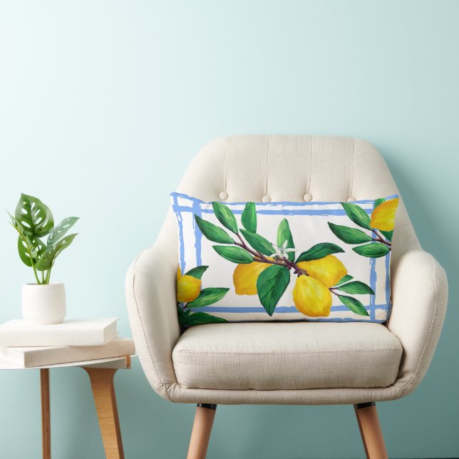 Lemon Leaf Watercolor Pillow | Amalfi Blue Citrus Kussen (Stoel)