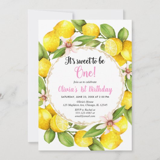 Lemon Lemonade meisje 1e verjaardag uitnodiging (Voorkant)