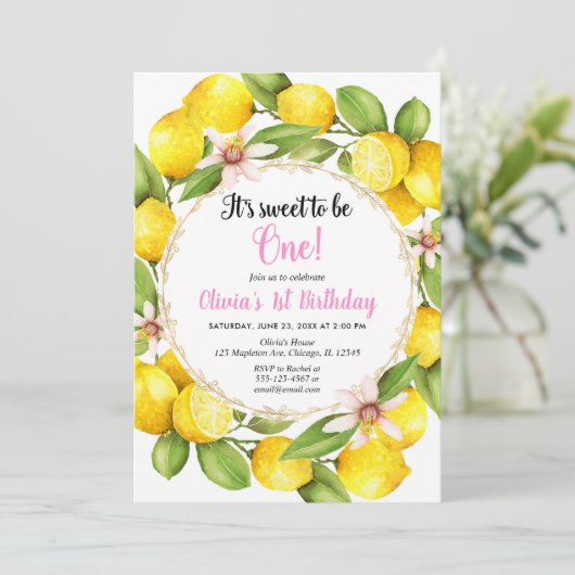 Lemon Lemonade meisje 1e verjaardag uitnodiging (Staand voorkant)